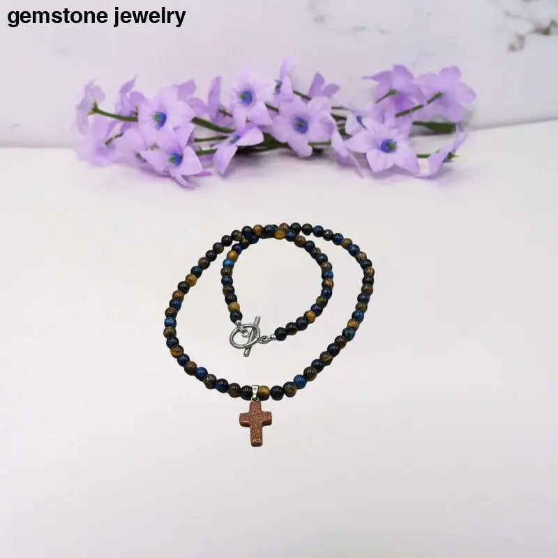 Handmade Unique Tiger Eye Cross Necklace - Mystic Blue Accents - Tiger’s eye / 19 / yellow/blue - Necklaces