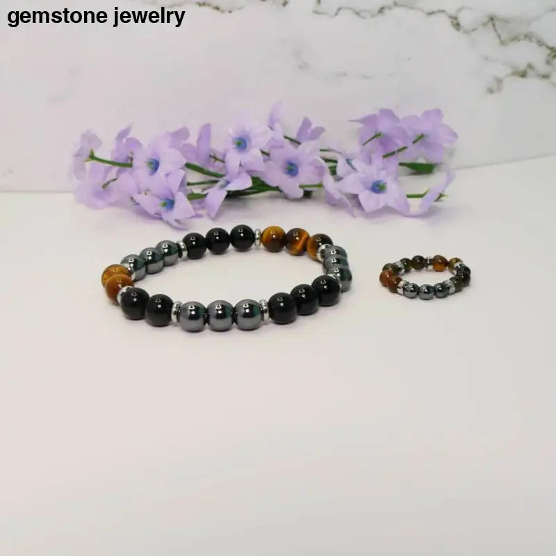 Tiger Eye Gemstone Bracelet Hematite Bracelet - 6.5 / yellow/black / tiger eye/hematite/obsidian - bracelet