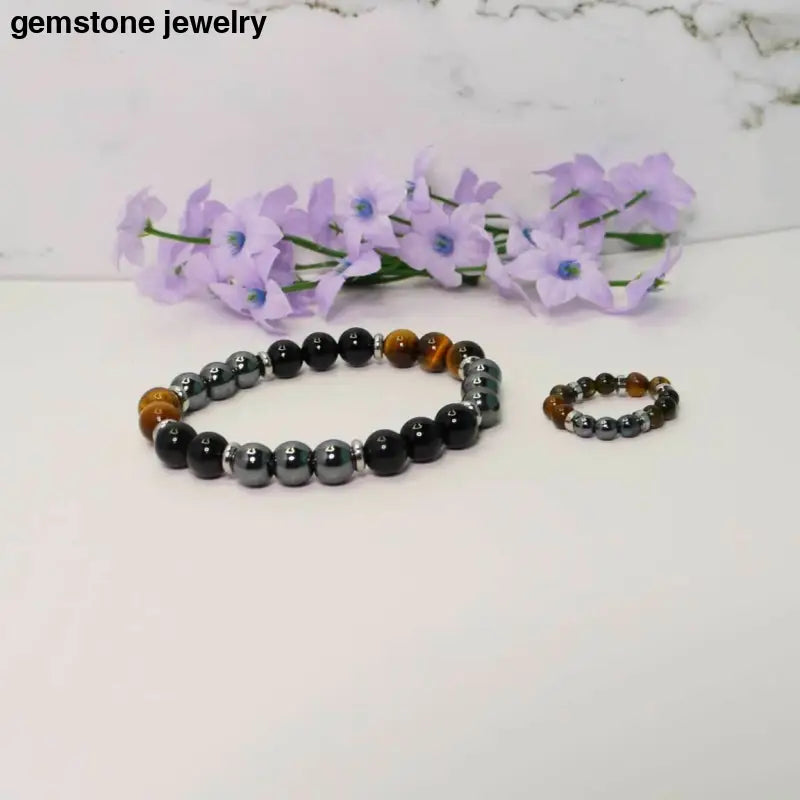 Tiger Eye Gemstone Bracelet Hematite Bracelet - 6.5 / yellow/black / tiger eye/hematite/obsidian - bracelet