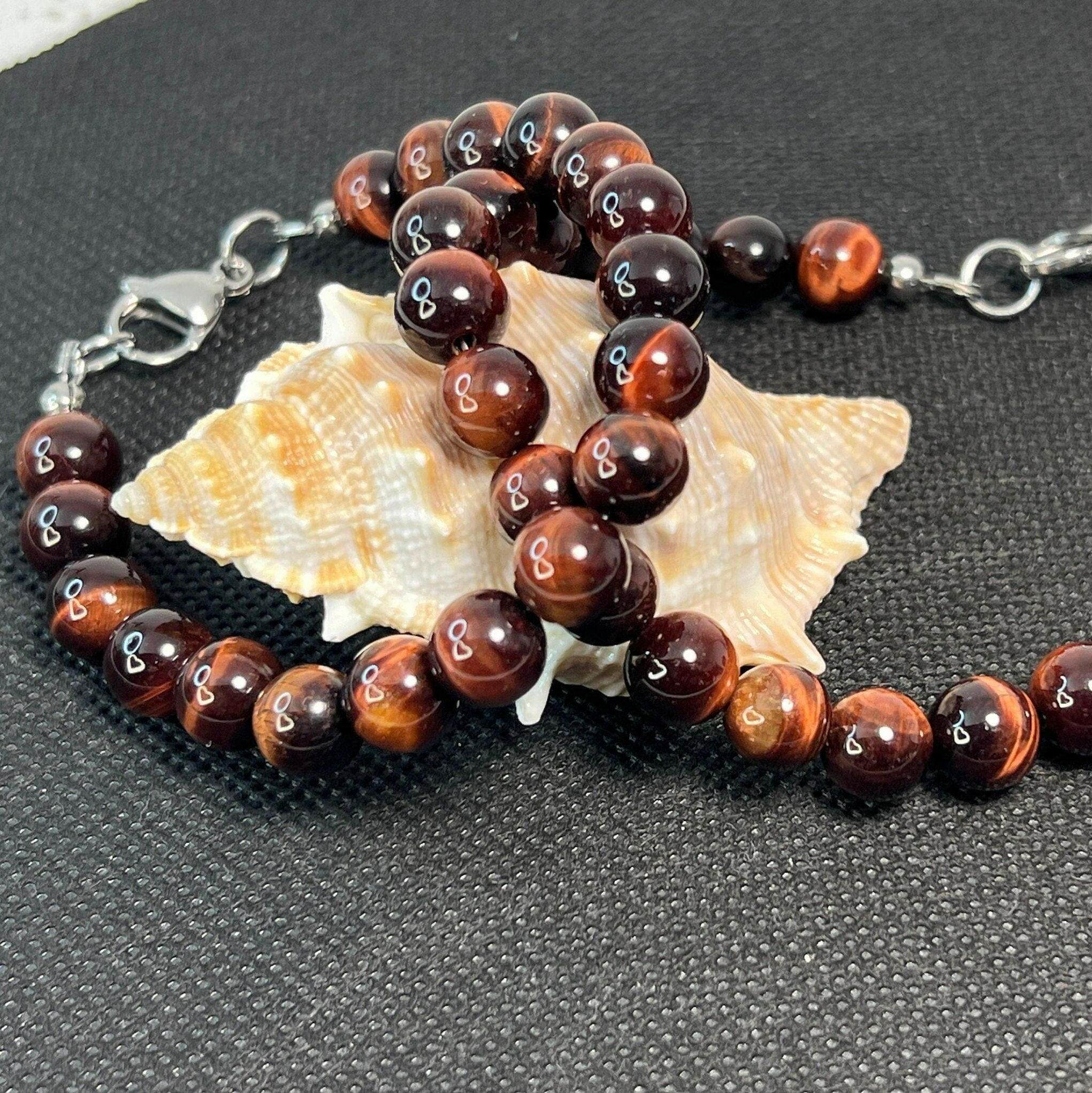 Tiger Eye Mens Bracelet, Tiger EyeStone Bracelet, Red Tiger Eye Beaded Bracelet, Handcrafted mens Bracelet - Bec Sue Jewelry Shop