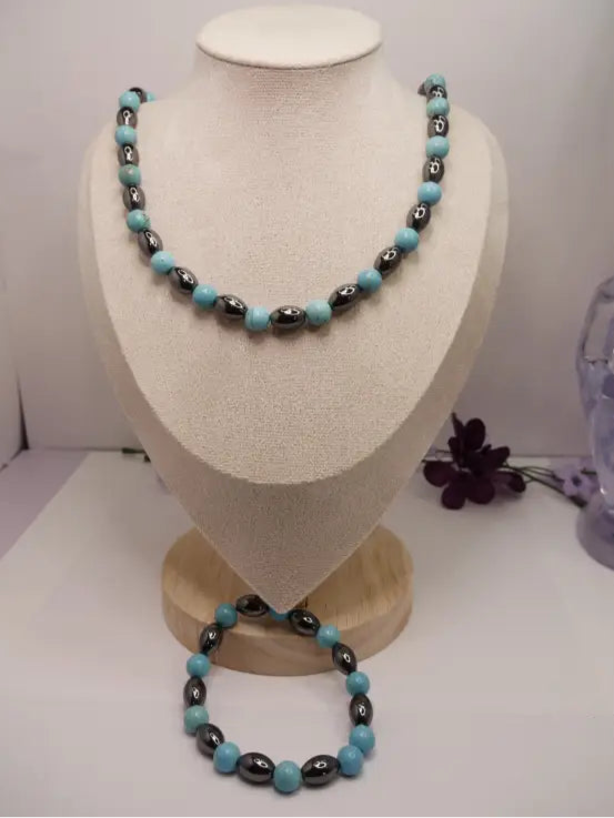 Turquoise and Hematite Beaded Statement Necklace in Gemstone Jewelry Collection - 6.5 - Jewelry Set