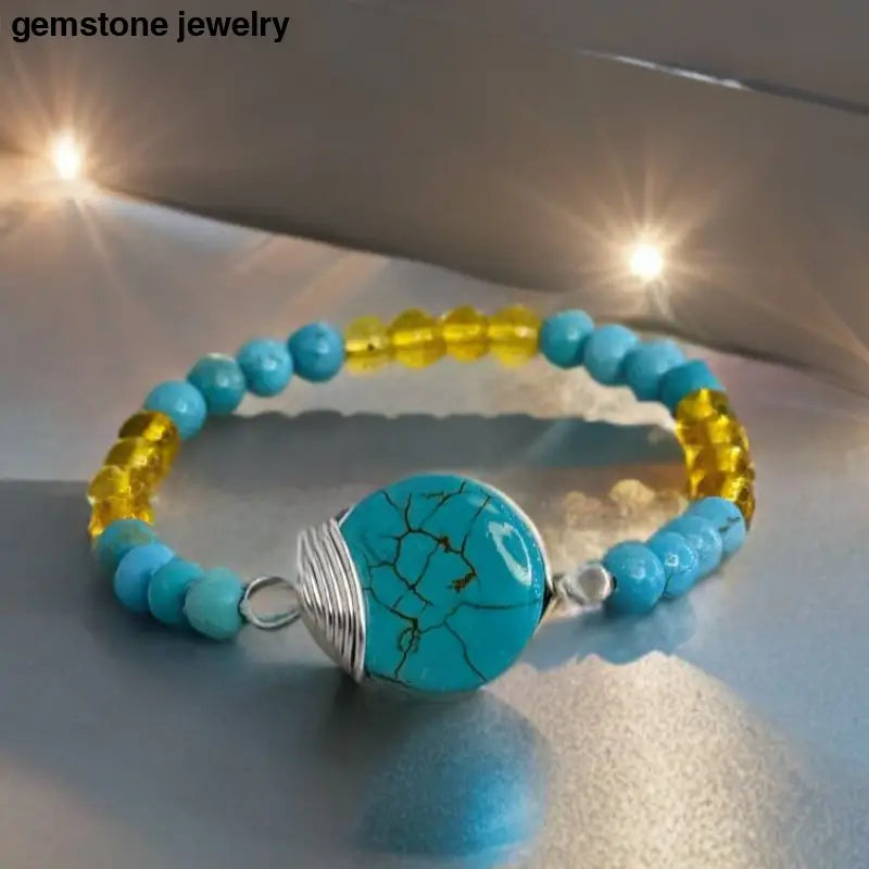 Turquoise and Citrine Beaded Stretch Bracelet - Bec Sue Jewelry Shop