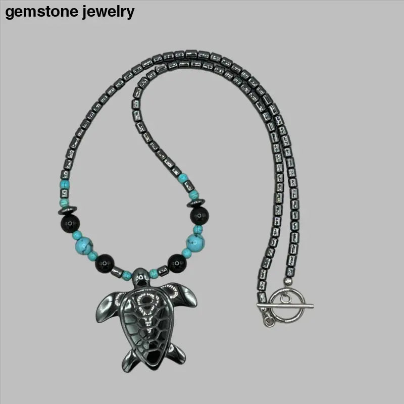 Unique Turtle Turquoise and Hematite Necklace with Sterling Silver Clasp - Bec Sue Jewelry Shop