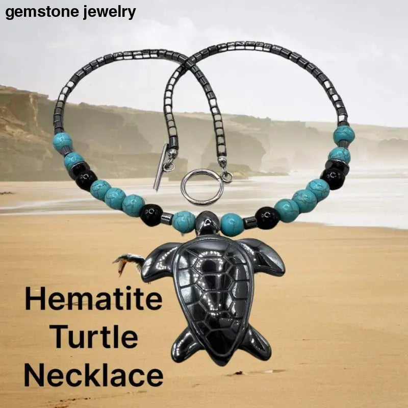 Unique Turtle Turquoise and Hematite Necklace with Sterling Silver Clasp - Bec Sue Jewelry Shop