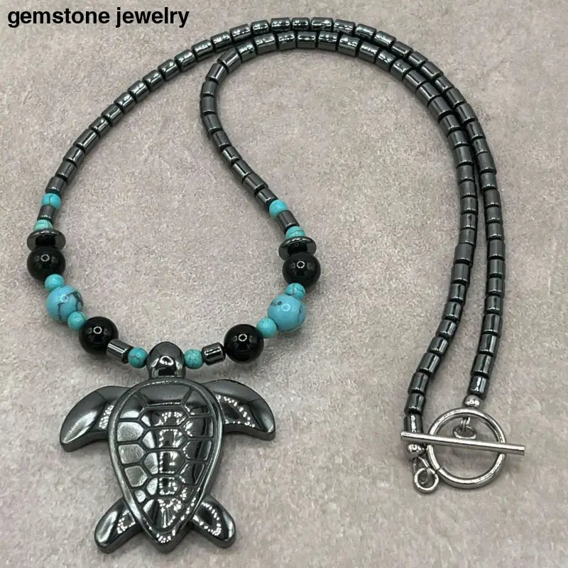 Unique Turtle Turquoise and Hematite Necklace with Sterling Silver Clasp - Bec Sue Jewelry Shop