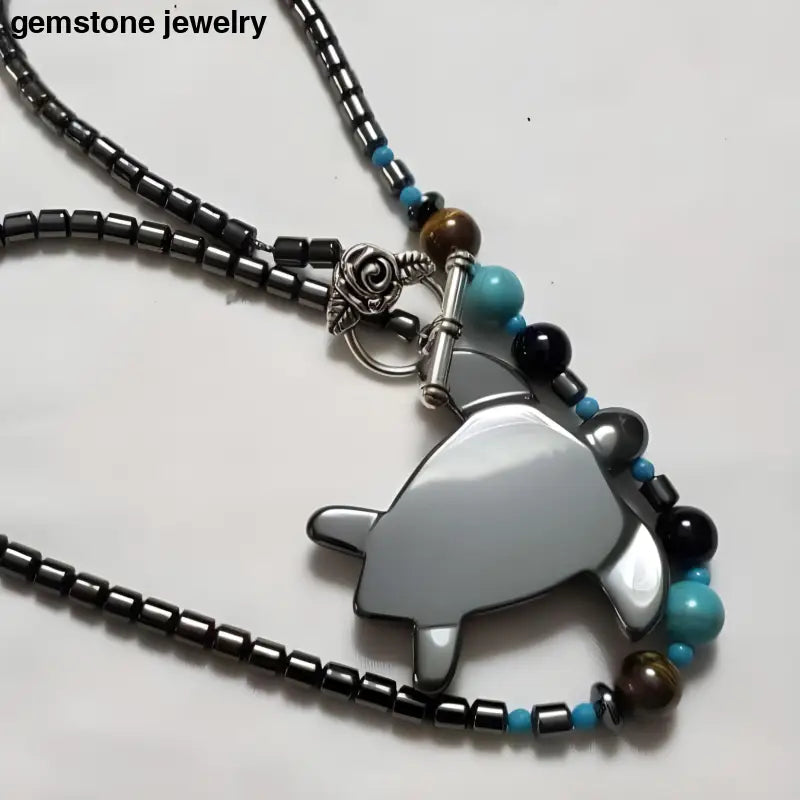 Unique Turtle Turquoise and Hematite Necklace with Sterling Silver Clasp - Bec Sue Jewelry Shop