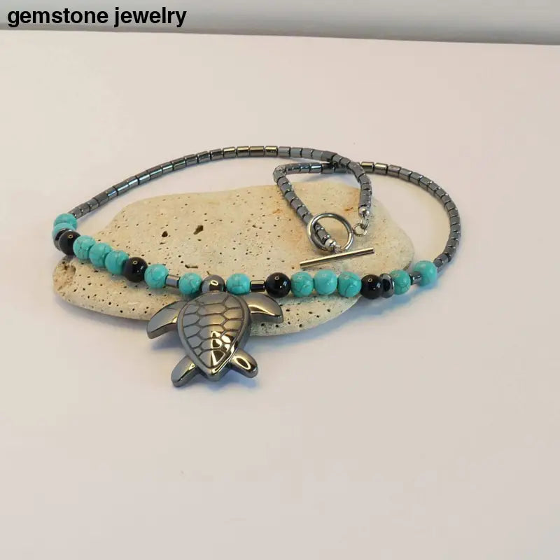 hematite turquoise turtle necklace