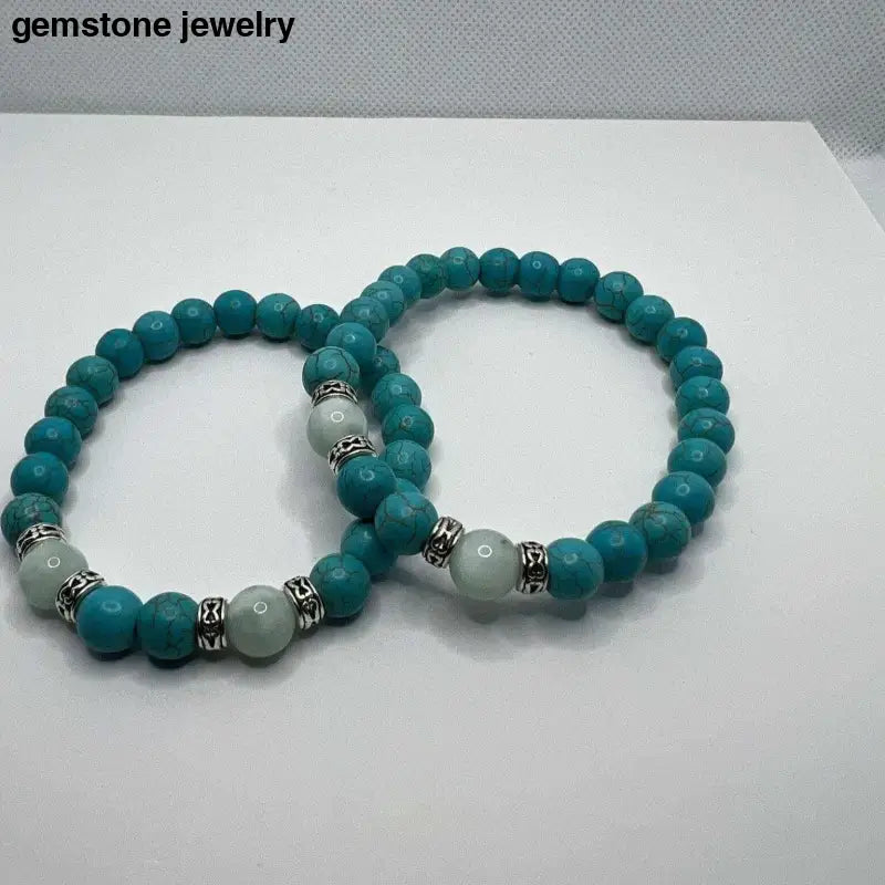 Serene Harmony: 8mm Turquoise and Green Angelite Stretch Bracelet with Antique Silver Accents - Bec Sue Jewelry Shop