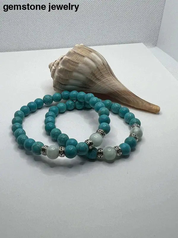 Serene Harmony: 8mm Turquoise and Green Angelite Stretch Bracelet with Antique Silver Accents - Bec Sue Jewelry Shop