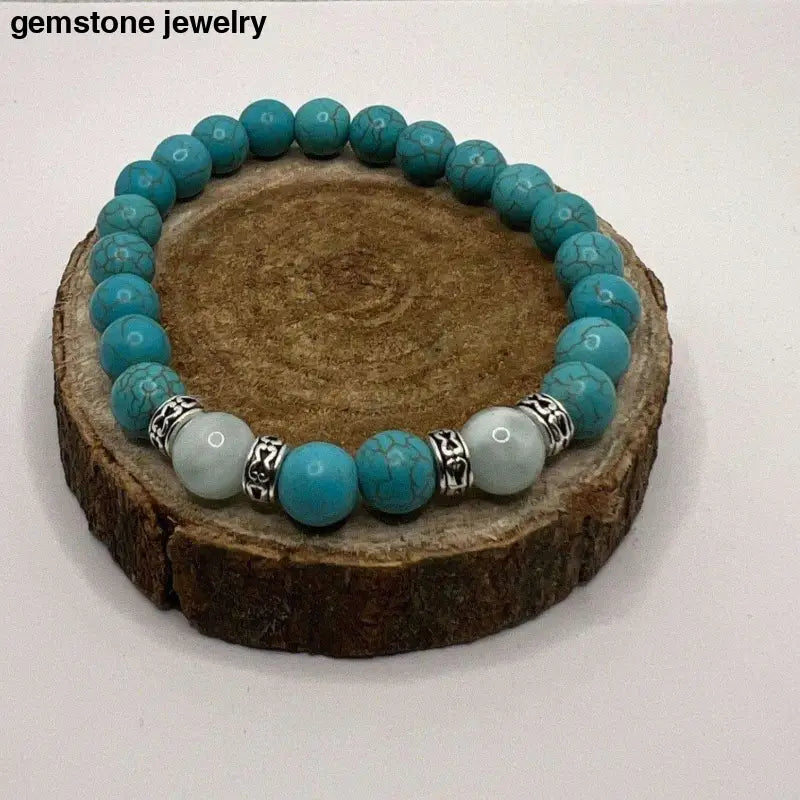 Serene Harmony: 8mm Turquoise and Green Angelite Stretch Bracelet with Antique Silver Accents - Bec Sue Jewelry Shop