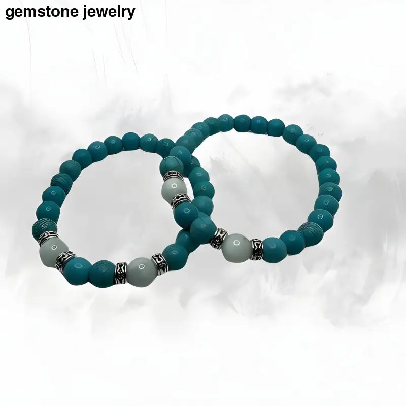 Serene Harmony: 8mm Turquoise and Green Angelite Stretch Bracelet with Antique Silver Accents - 6.5 / blue-Angelite