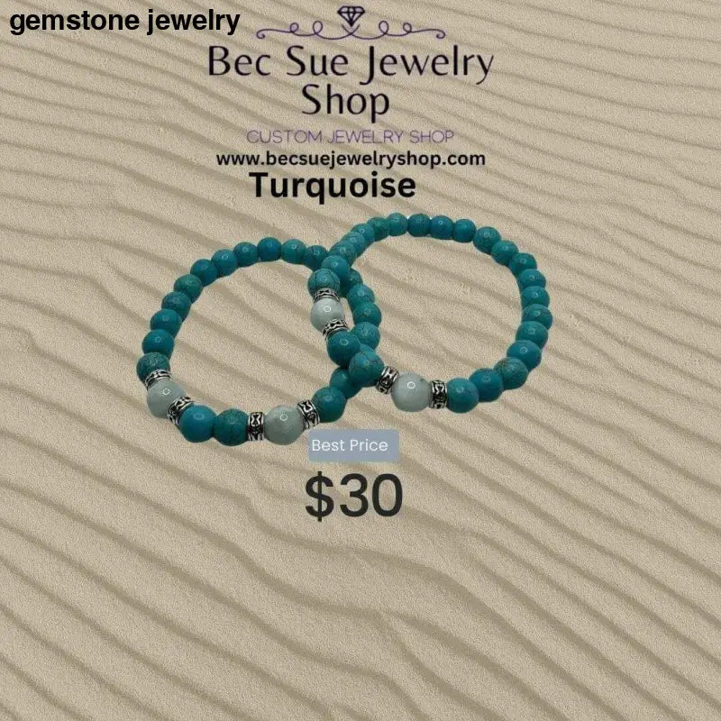 Serene Harmony: 8mm Turquoise and Green Angelite Stretch Bracelet with Antique Silver Accents - Bec Sue Jewelry Shop