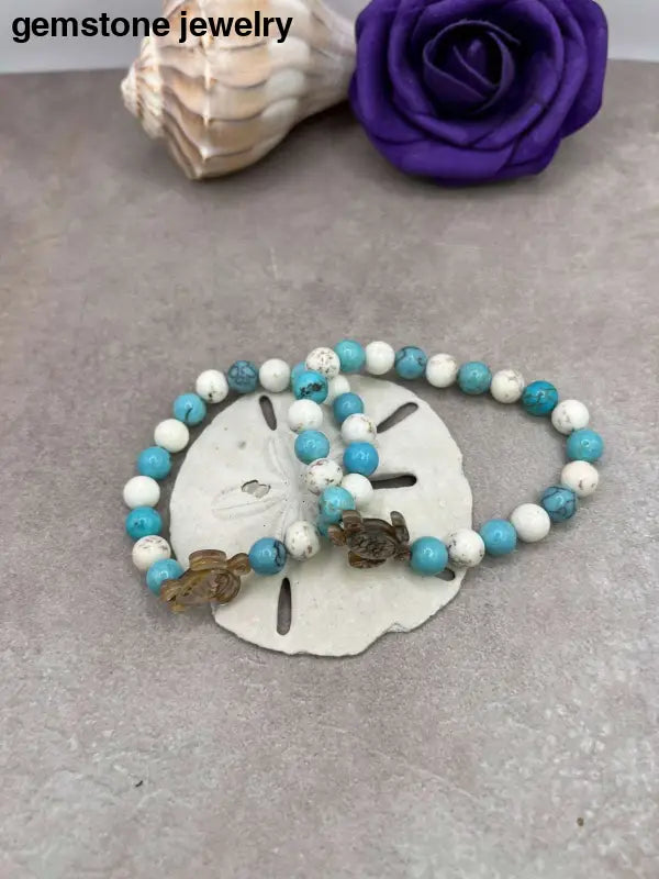 One - of - a - kind Turquoise Blue Turtle Bracelet with 8mm Beads and Pearl Turtle Charm - Bec Sue Jewelry Shop