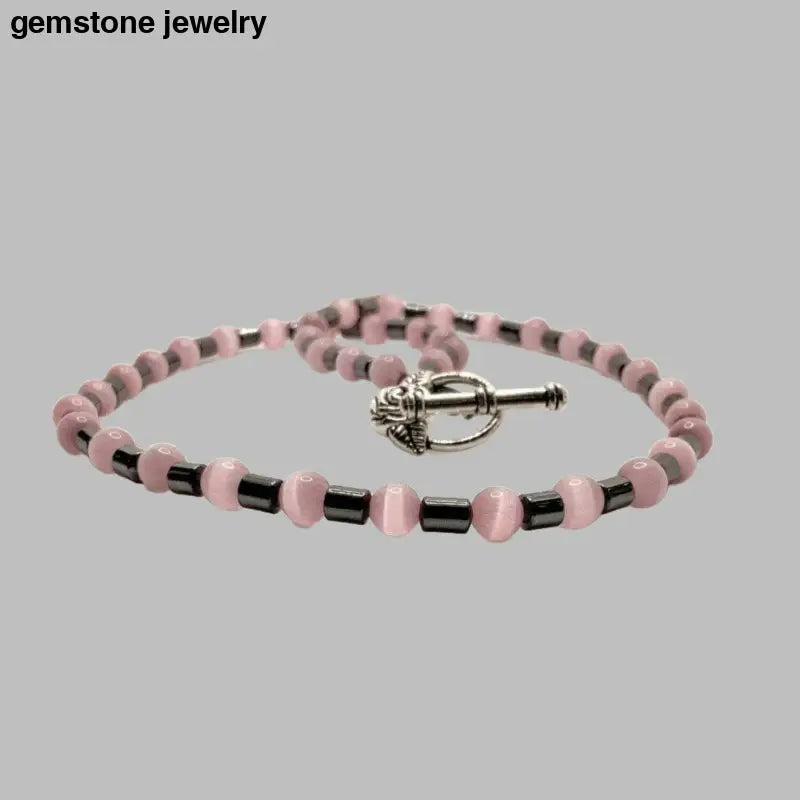 Unique Hematite Necklace with 6mm Pink Cat's Eye & 4mm Hematite Drum Beads - Bec Sue Jewelry Shop