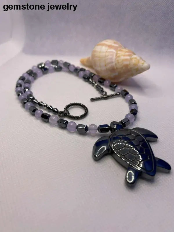 Unique Hematite Turtle Necklace with 8mm Purple Beads - Bec Sue Jewelry Shop