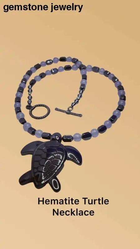 Unique Hematite Turtle Necklace with 8mm Purple Beads - Bec Sue Jewelry Shop