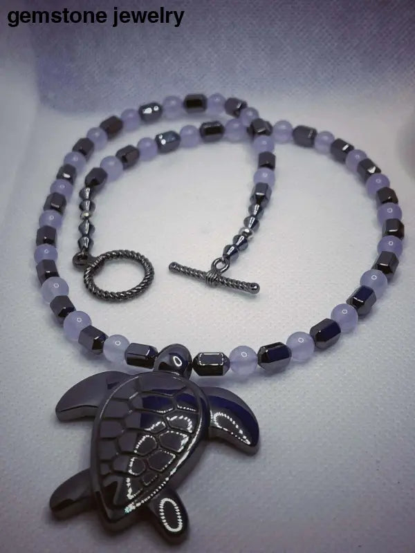 Unique Hematite Turtle Necklace with 8mm Purple Beads - Bec Sue Jewelry Shop