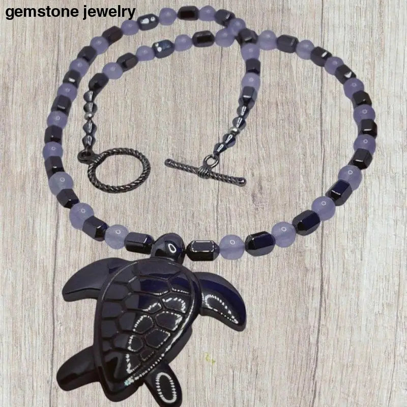 Unique Hematite Turtle Necklace with 8mm Purple Beads - Bec Sue Jewelry Shop