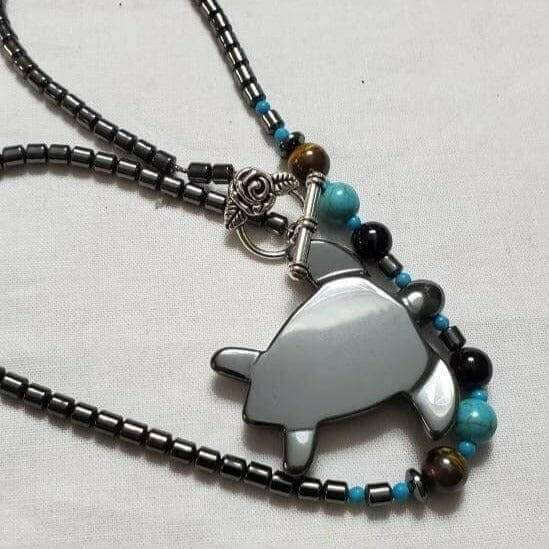 Unique Turtle Turquoise and Hematite Necklace with Sterling Silver Clasp - Bec Sue Jewelry Shop