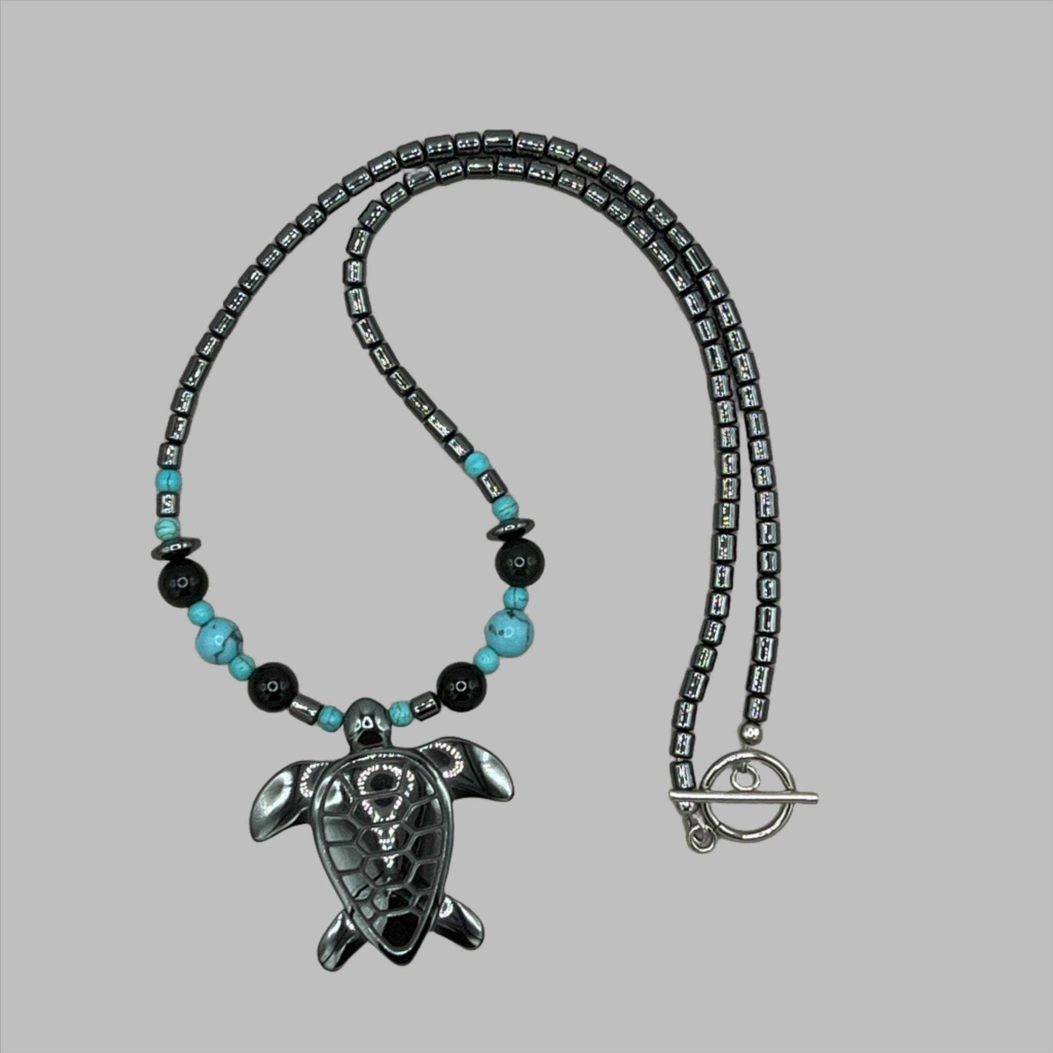 Unique Turtle Turquoise and Hematite Necklace with Sterling Silver Clasp - Bec Sue Jewelry Shop