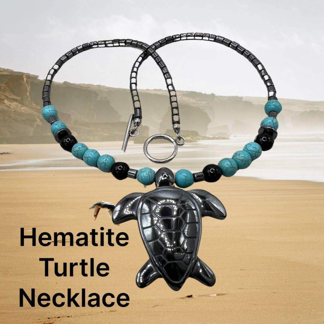 Unique Turtle Turquoise and Hematite Necklace with Sterling Silver Clasp - Bec Sue Jewelry Shop