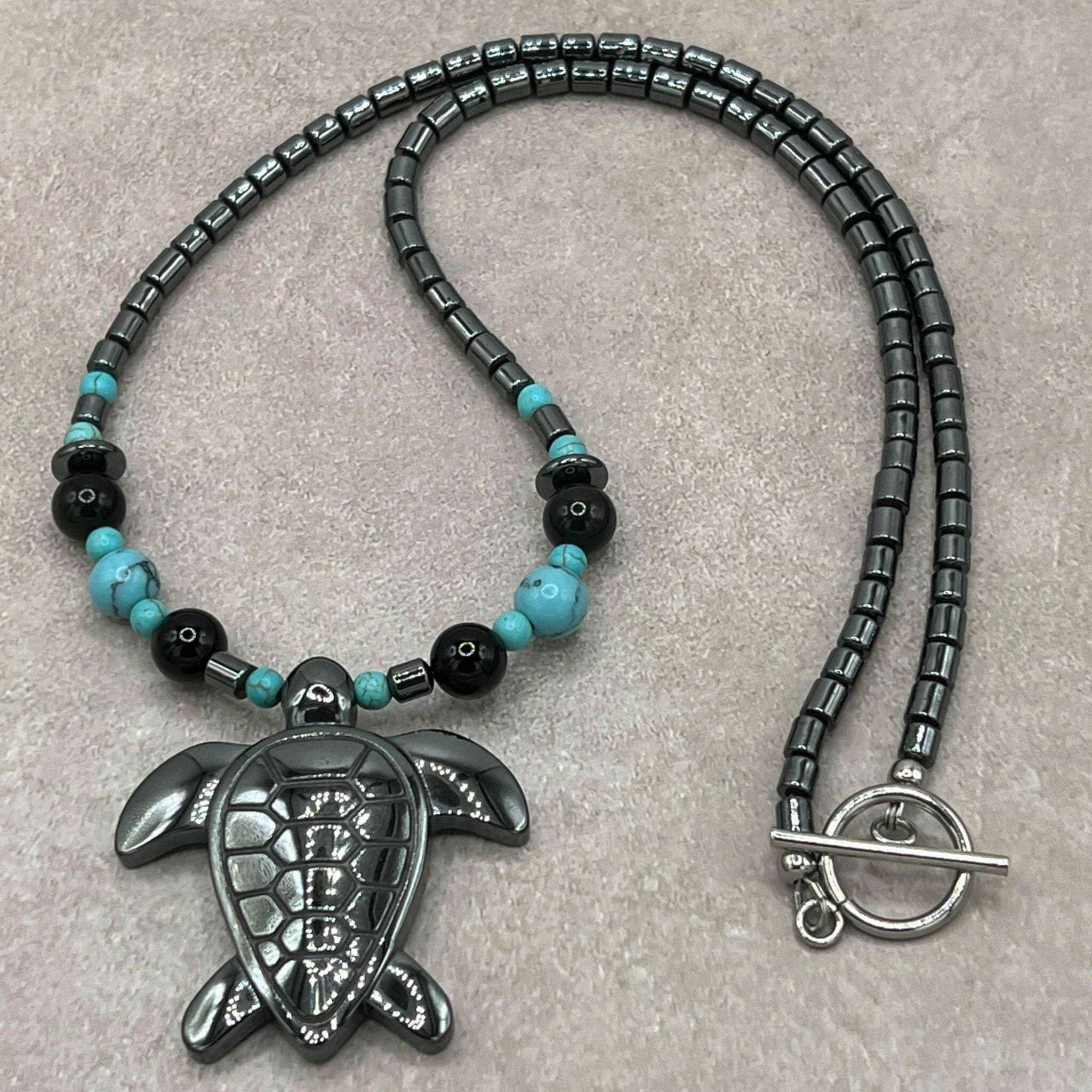 Unique Turtle Turquoise and Hematite Necklace with Sterling Silver Clasp - Bec Sue Jewelry Shop