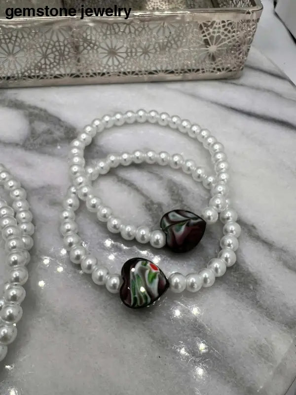 White Glass Pearl Necklace with matching bracelet, white beaded Necklace 6mm - Bec Sue Jewelry Shop