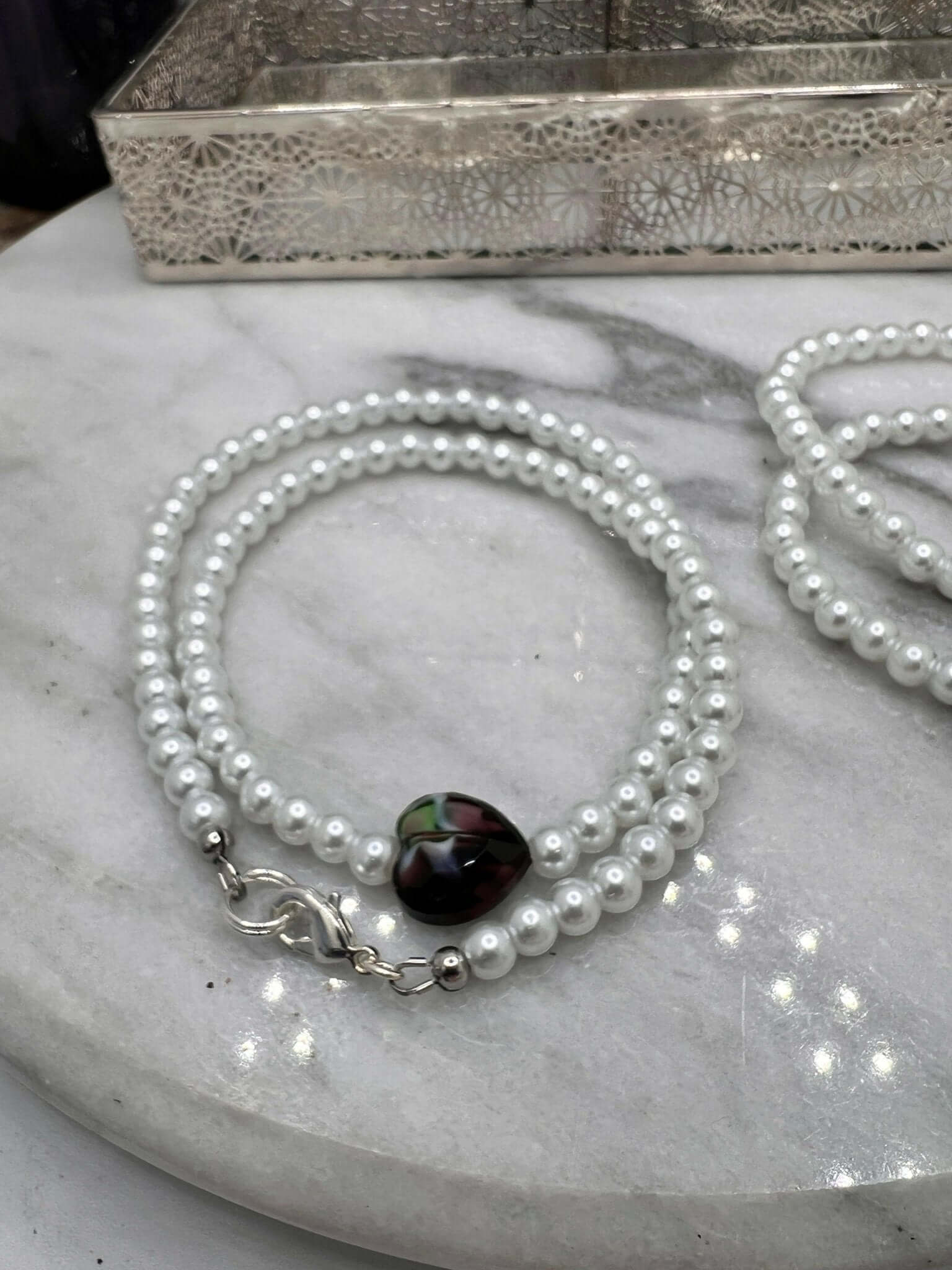 White Glass Pearl Necklace with matching bracelet, white beaded Necklace 6mm - Bec Sue Jewelry Shop