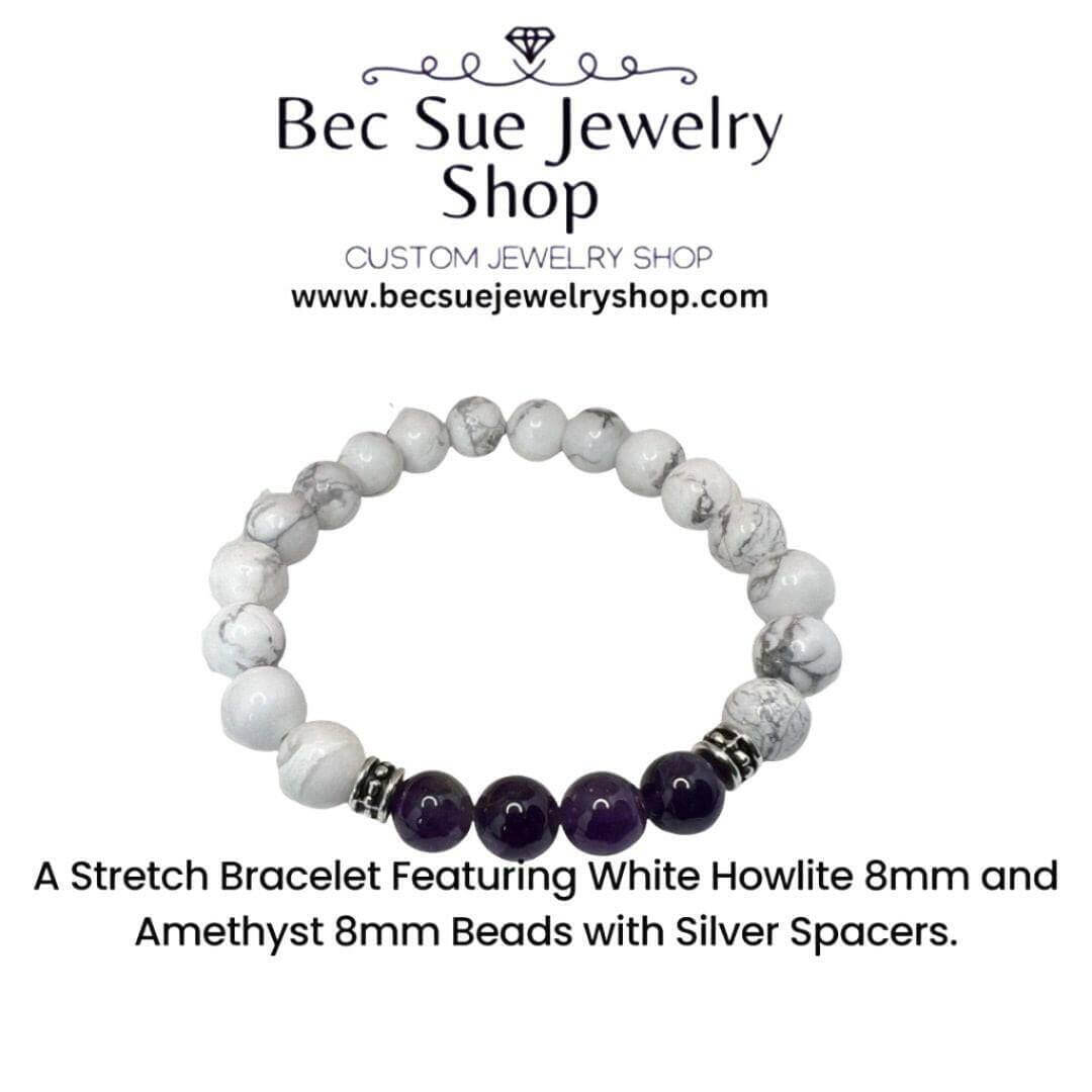 White Howlite Beaded Bracelet, Amethyst and White Bracelet for Spiritual Balance - Bec Sue Jewelry Shop