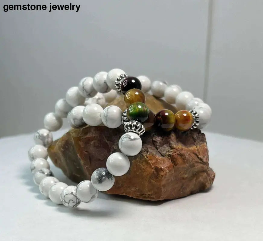 White Howlite Bracelet, Chakra White Howlite Bracelet, Tiger Eye Gemstone Bracelet, Howlite - Bec Sue Jewelry Shop