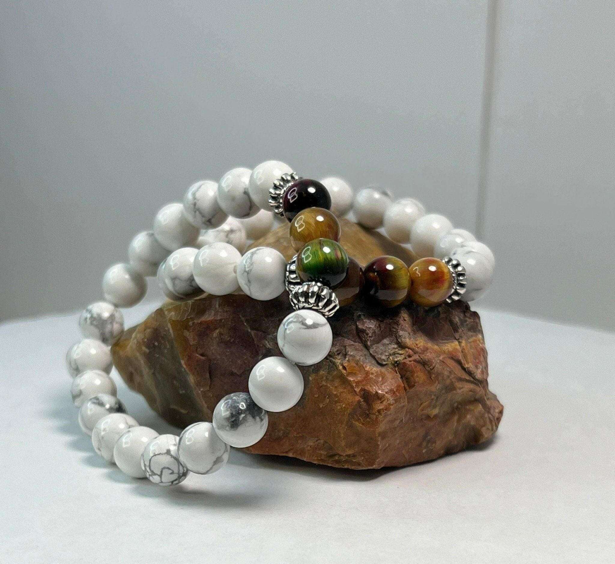 White Howlite Bracelet, Chakra White Howlite Bracelet, Tiger Eye Gemstone Bracelet, Howlite - Bec Sue Jewelry Shop