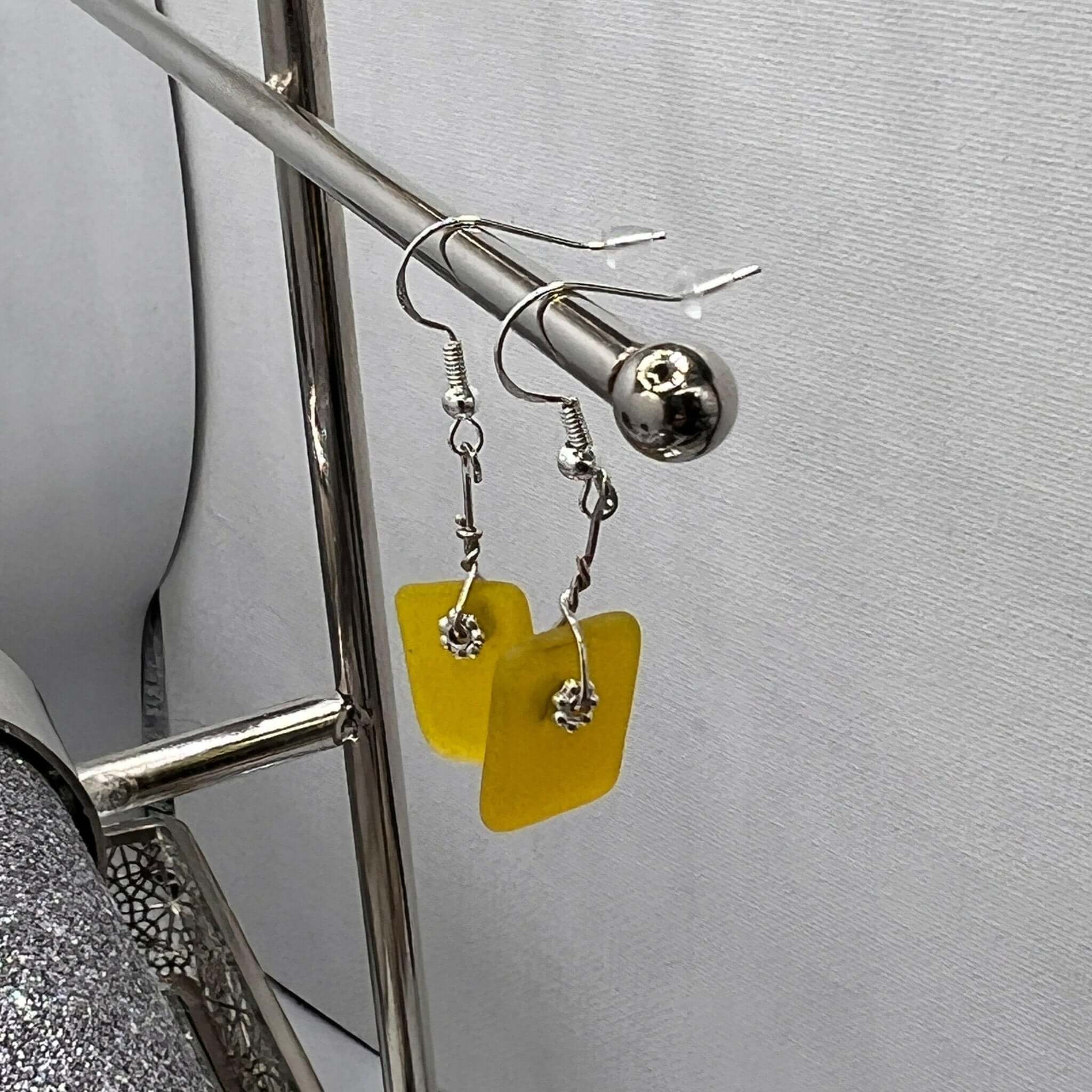 Yellow Dangling Glass Earrings, Glass Earrings, sterling silver hooks - Bec Sue Jewelry Shop