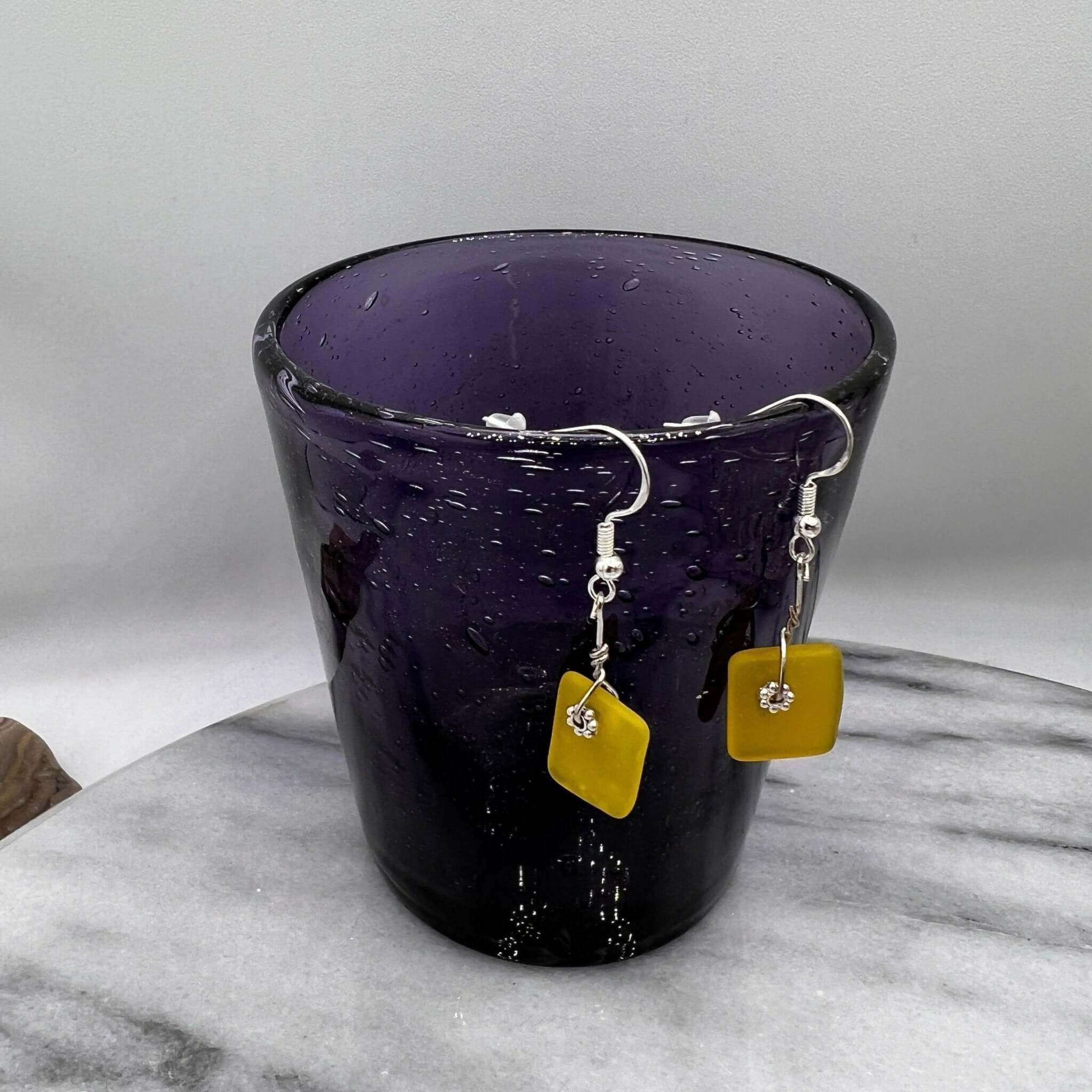 Yellow Dangling Glass Earrings, Glass Earrings, sterling silver hooks - Bec Sue Jewelry Shop