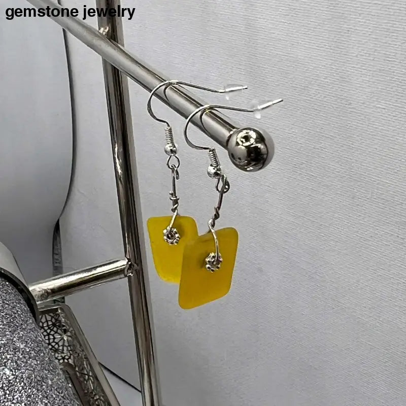 Yellow Dangling Glass Earrings, Glass Earrings, sterling silver hooks - Bec Sue Jewelry Shop