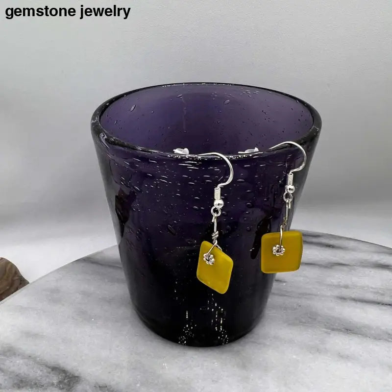 Yellow Dangling Glass Earrings, Glass Earrings, sterling silver hooks - Bec Sue Jewelry Shop