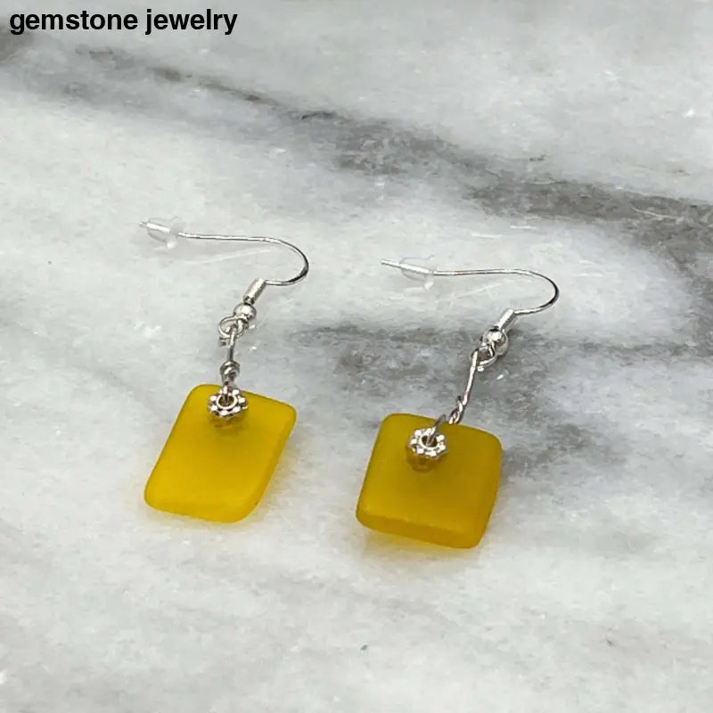 Yellow Dangling Glass Earrings, Glass Earrings, sterling silver hooks - Bec Sue Jewelry Shop